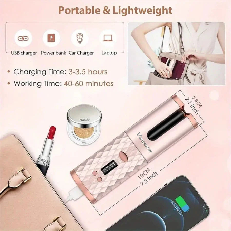 Wireless Electric Hair Curler Portable Travel Home Use 6 Timing 6 Temp. LED Cordless Automatic Hair Curler for Curls or Waves