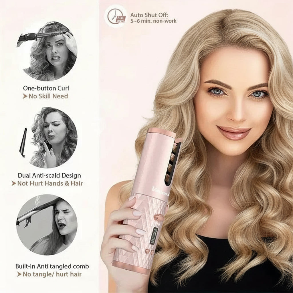 Wireless Electric Hair Curler Portable Travel Home Use 6 Timing 6 Temp. LED Cordless Automatic Hair Curler for Curls or Waves