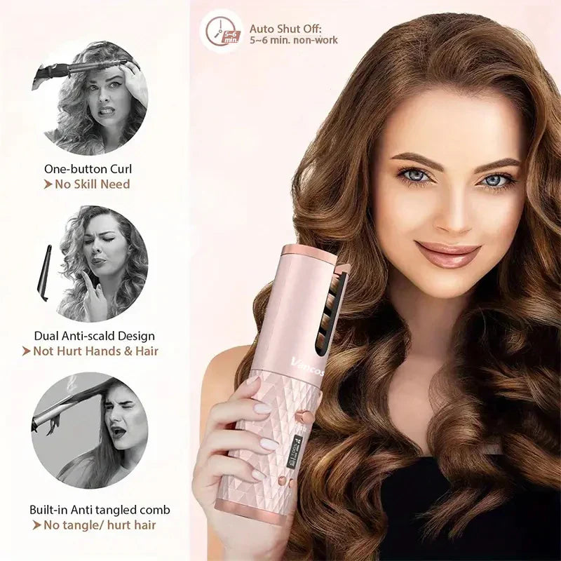 Wireless Electric Hair Curler Portable Travel Home Use 6 Timing 6 Temp. LED Cordless Automatic Hair Curler for Curls or Waves
